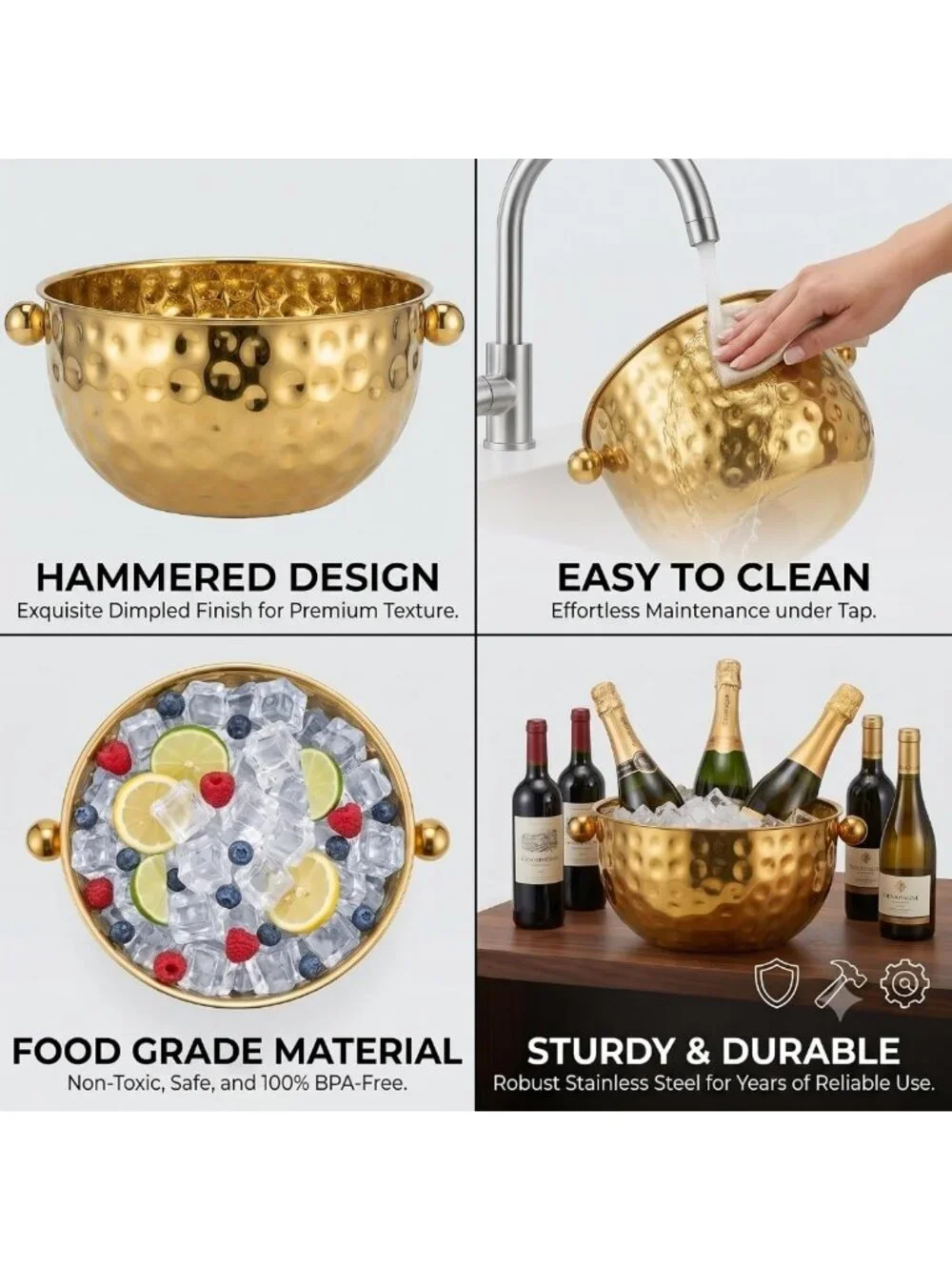Set of 2 Hammered Gold Champagne Ice Buckets - Stainless Steel Beverage Tubs